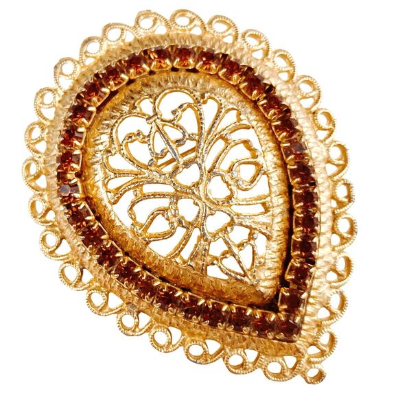 Vintage Mid Century Filigree Teardrop Brooch, 60s Amber Rhinestone Gold Tone Pin - Picture 1 of 9